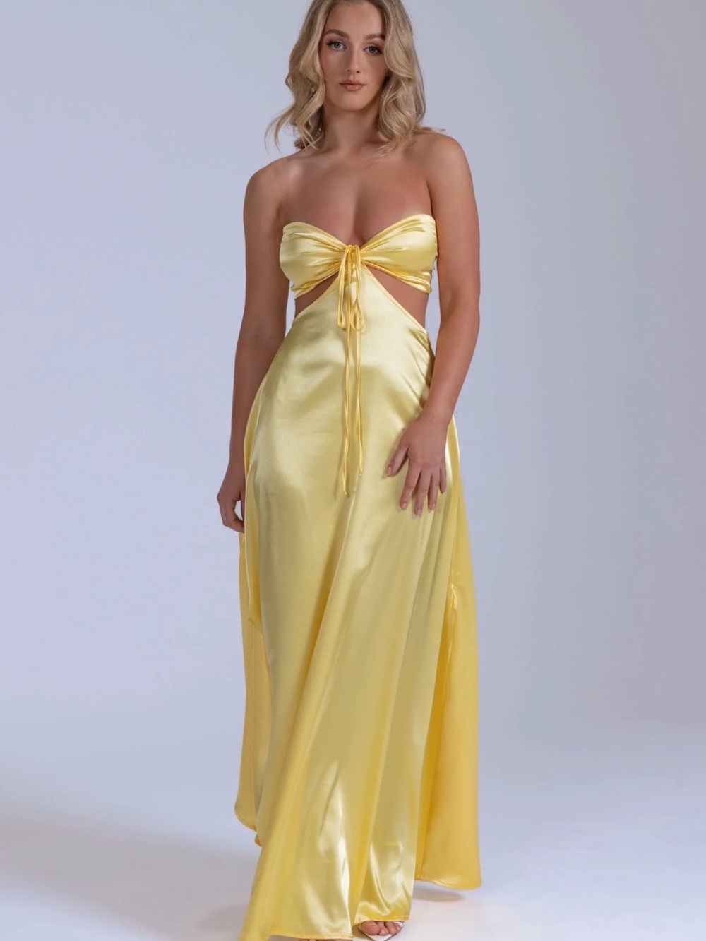 LANE + SASS Lucy Lemon Yellow Satin Cutout Maxi Dress